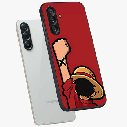 Luffy X Spirit Glass Case displayed in angled mockup highlighting powerful anime design with energetic action aesthetic.