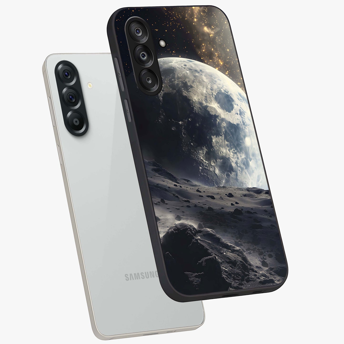 Lunar Horizon Glow Glass Case displayed in angled mockup highlighting celestial moon design with dreamy night aesthetic.