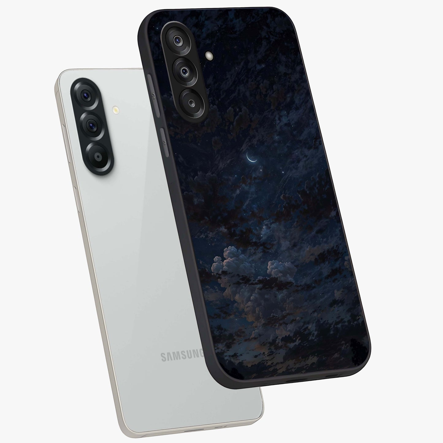 Lunar Veil Silence Glass Case displayed in angled mockup highlighting soft lunar design with peaceful celestial aesthetic.