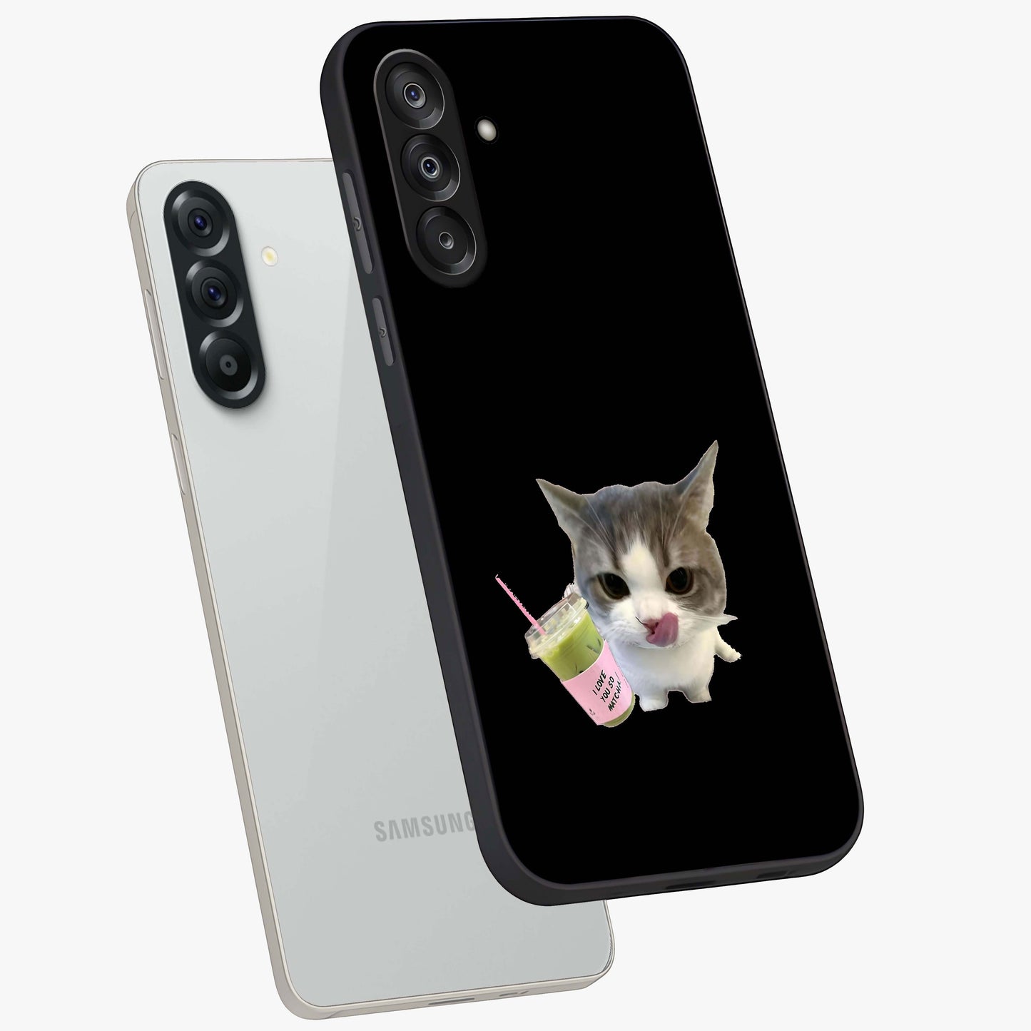 Matcha Cat Style Glass Case displayed in angled mockup highlighting playful feline design with pastel matcha aesthetic.