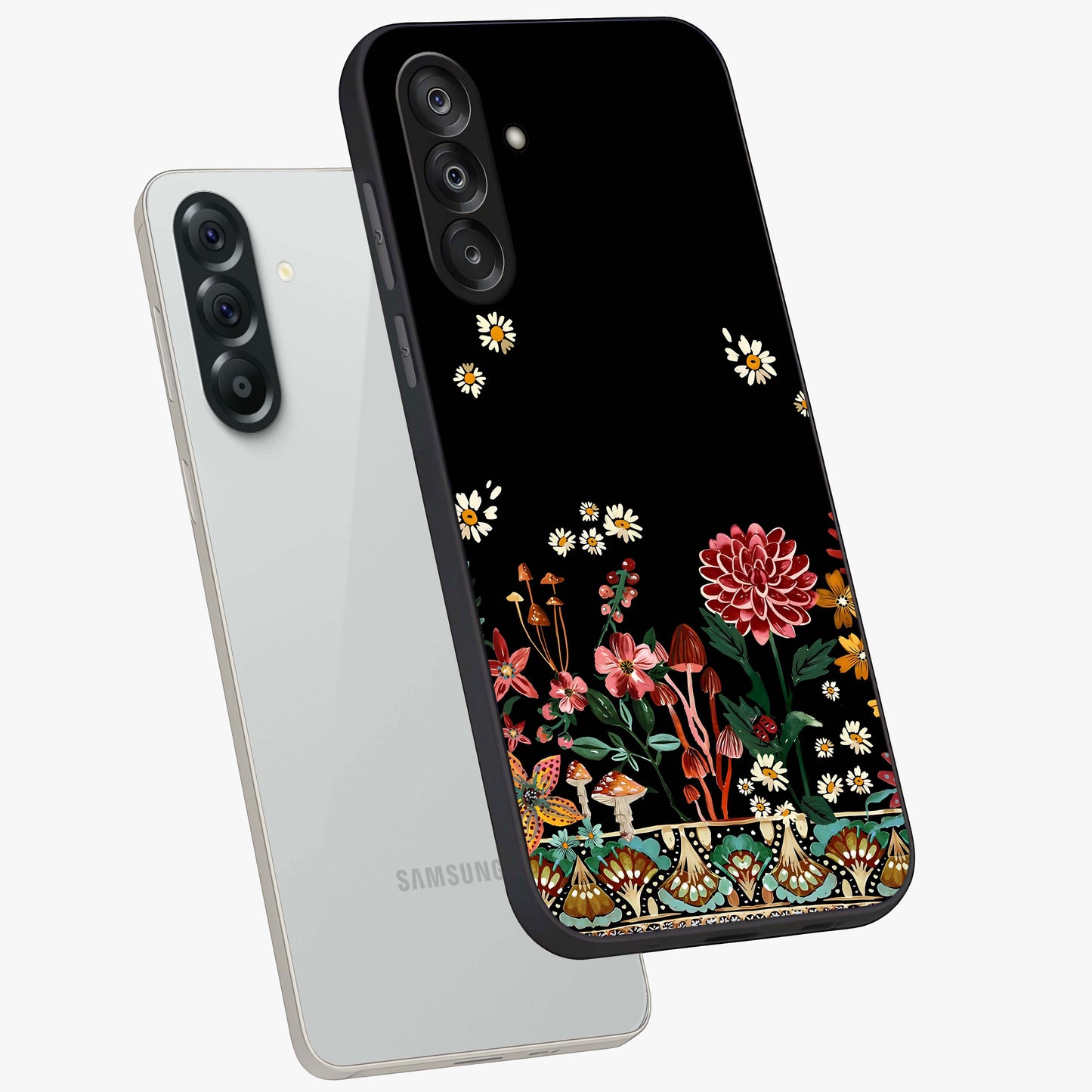 Midnight Bloom Pattern Glass Case displayed in angled mockup highlighting elegant flower design with midnight aesthetic style.