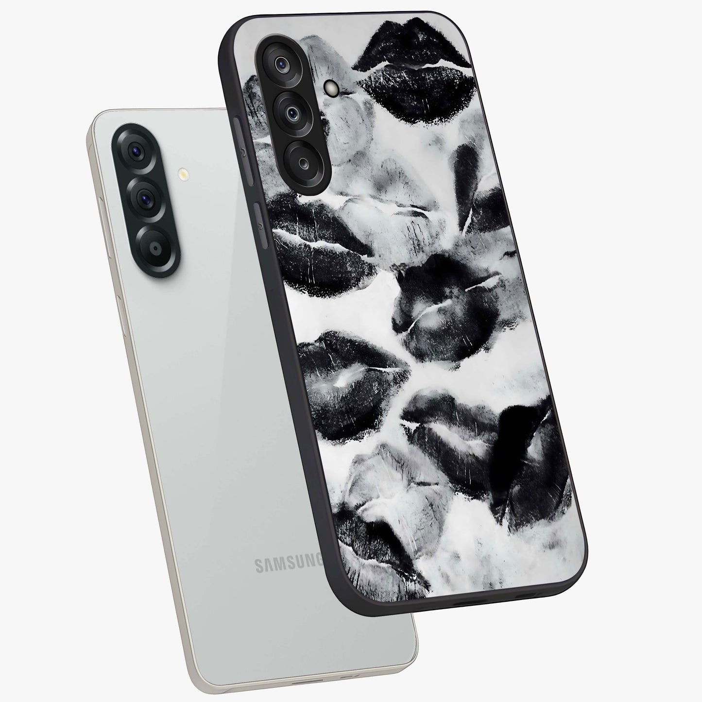 Midnight Kiss Marks Glass Case displayed in angled mockup highlighting playful romantic design with bold midnight aesthetic.