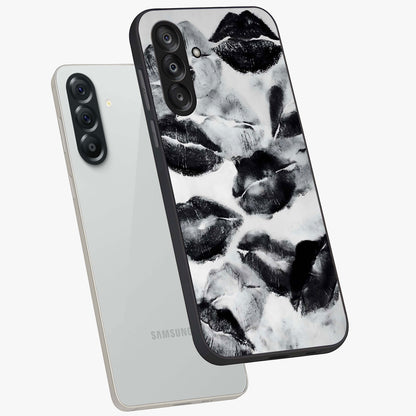 Midnight Kiss Marks Glass Case displayed in angled mockup highlighting playful romantic design with bold midnight aesthetic.
