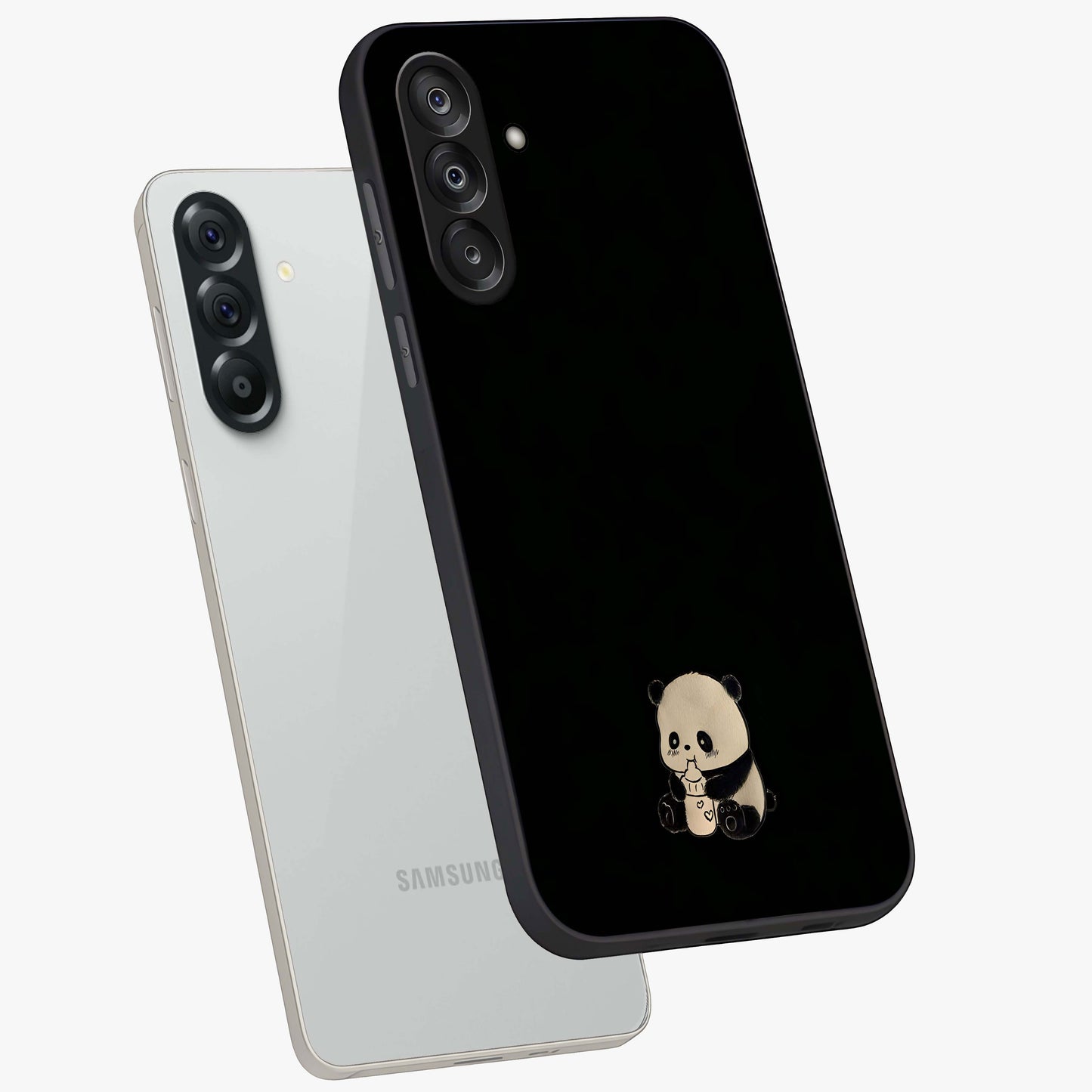 Midnight Panda Love Glass Case displayed in angled mockup highlighting adorable panda illustration with midnight aesthetic.