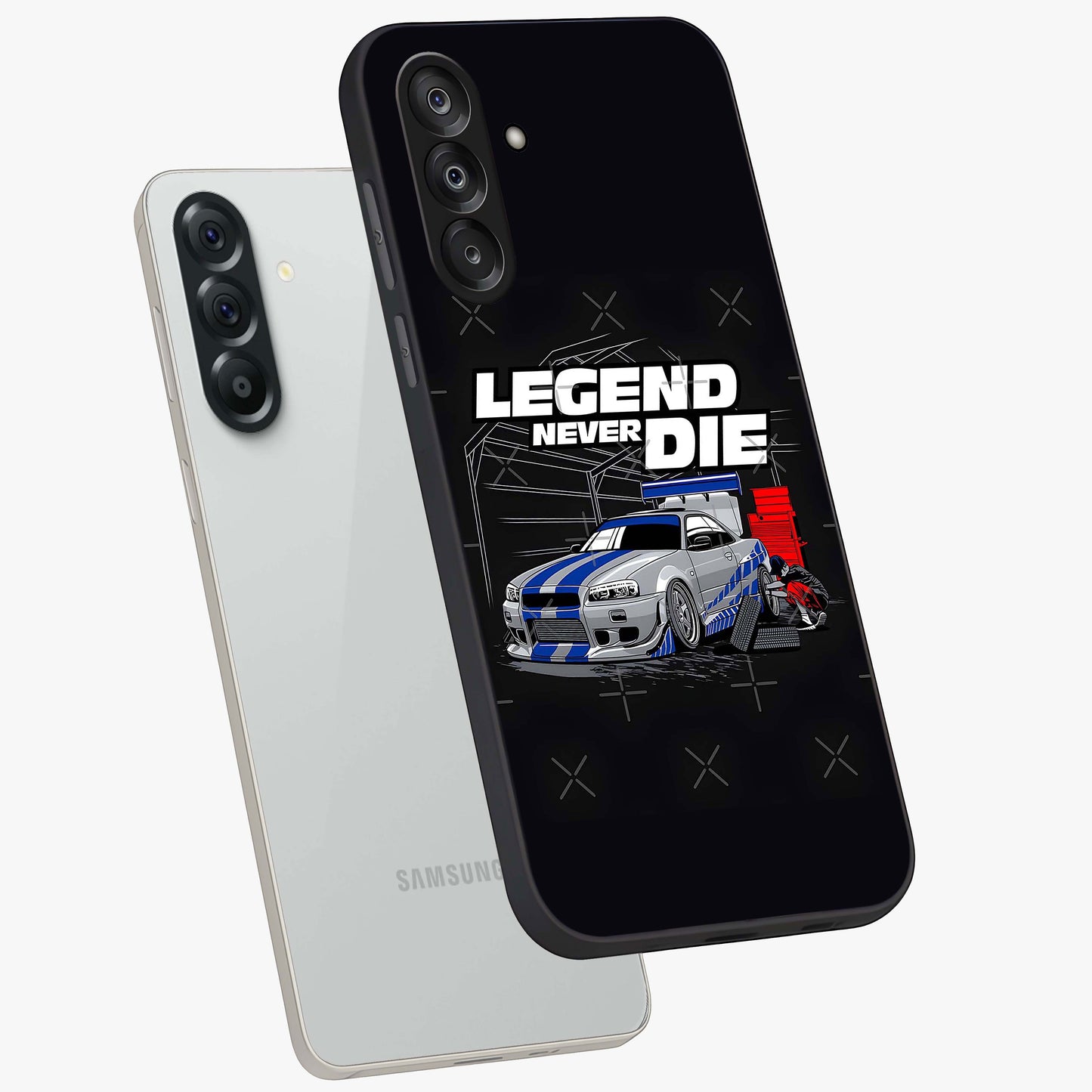 Midnight Racing Legacy Glass Case displayed in angled mockup highlighting dynamic automotive design with bold midnight aesthetic.
