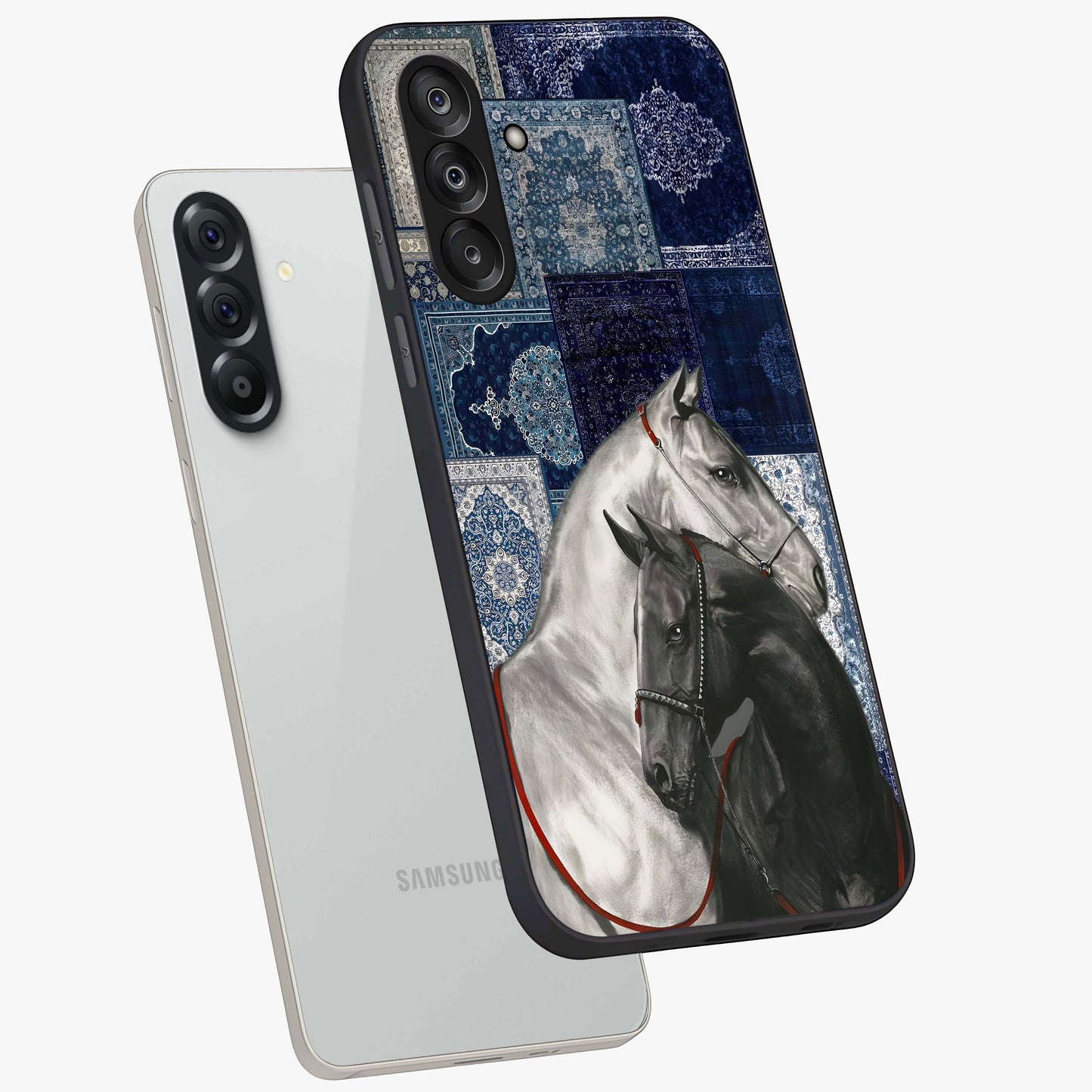 Midnight Stallion Blues Glass Case displayed in angled mockup highlighting powerful stallion illustration with deep midnight tones.