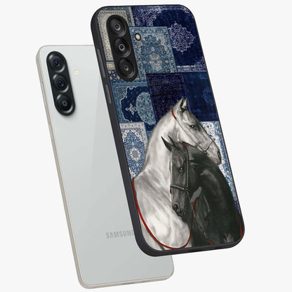 Midnight Stallion Blues Glass Case displayed in angled mockup highlighting powerful stallion illustration with deep midnight tones.