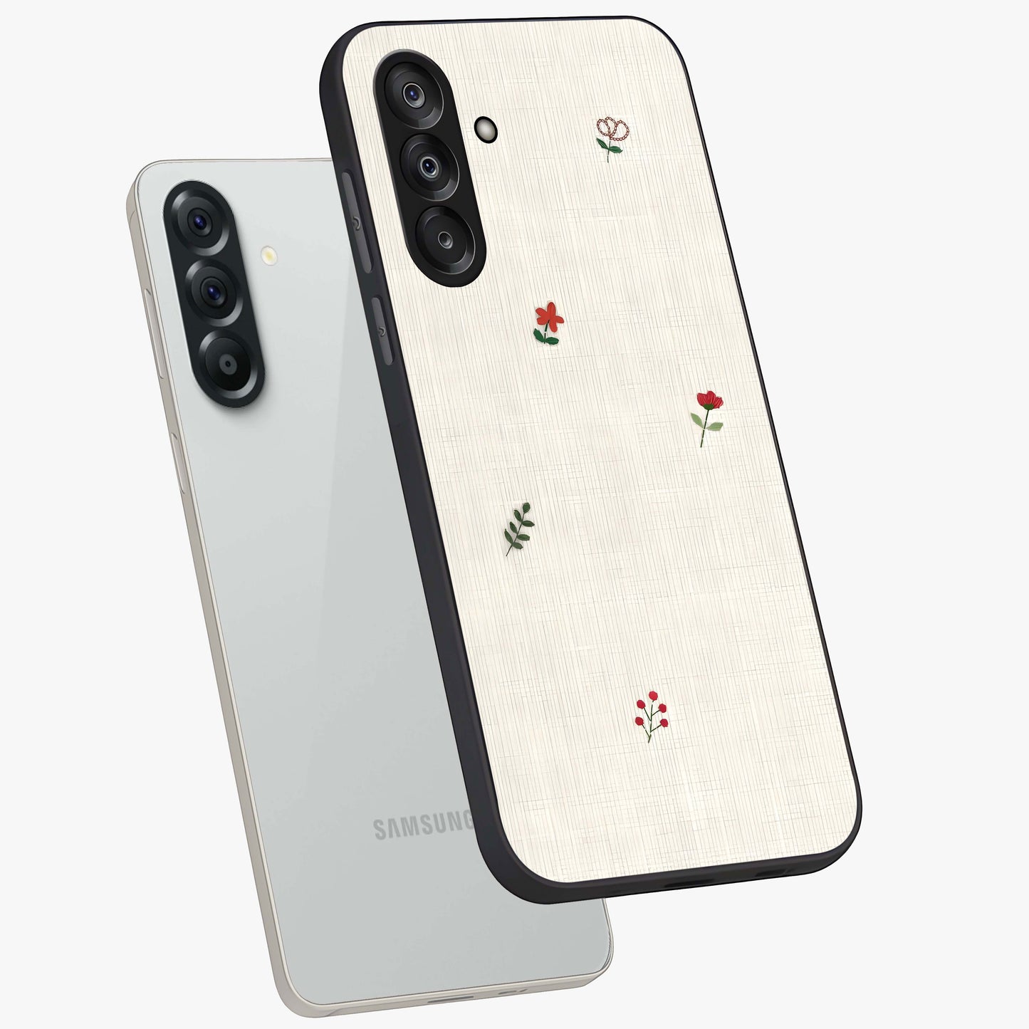 Minimalistic Blue With White Flower Pattern Glass Case displayed in angled mockup highlighting simple floral design with minimal aesthetic.