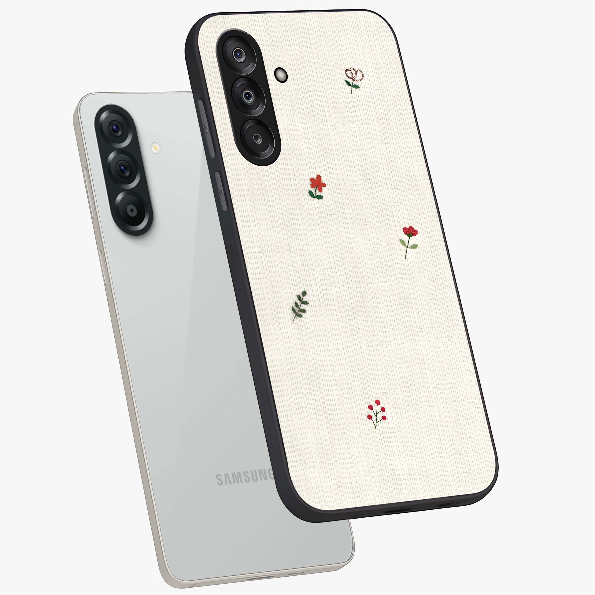 Minimalistic Blue With White Flower Pattern Glass Case displayed in angled mockup highlighting simple floral design with minimal aesthetic.
