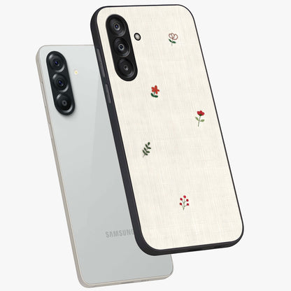 Minimalistic Blue With White Flower Pattern Glass Case displayed in angled mockup highlighting simple floral design with minimal aesthetic.