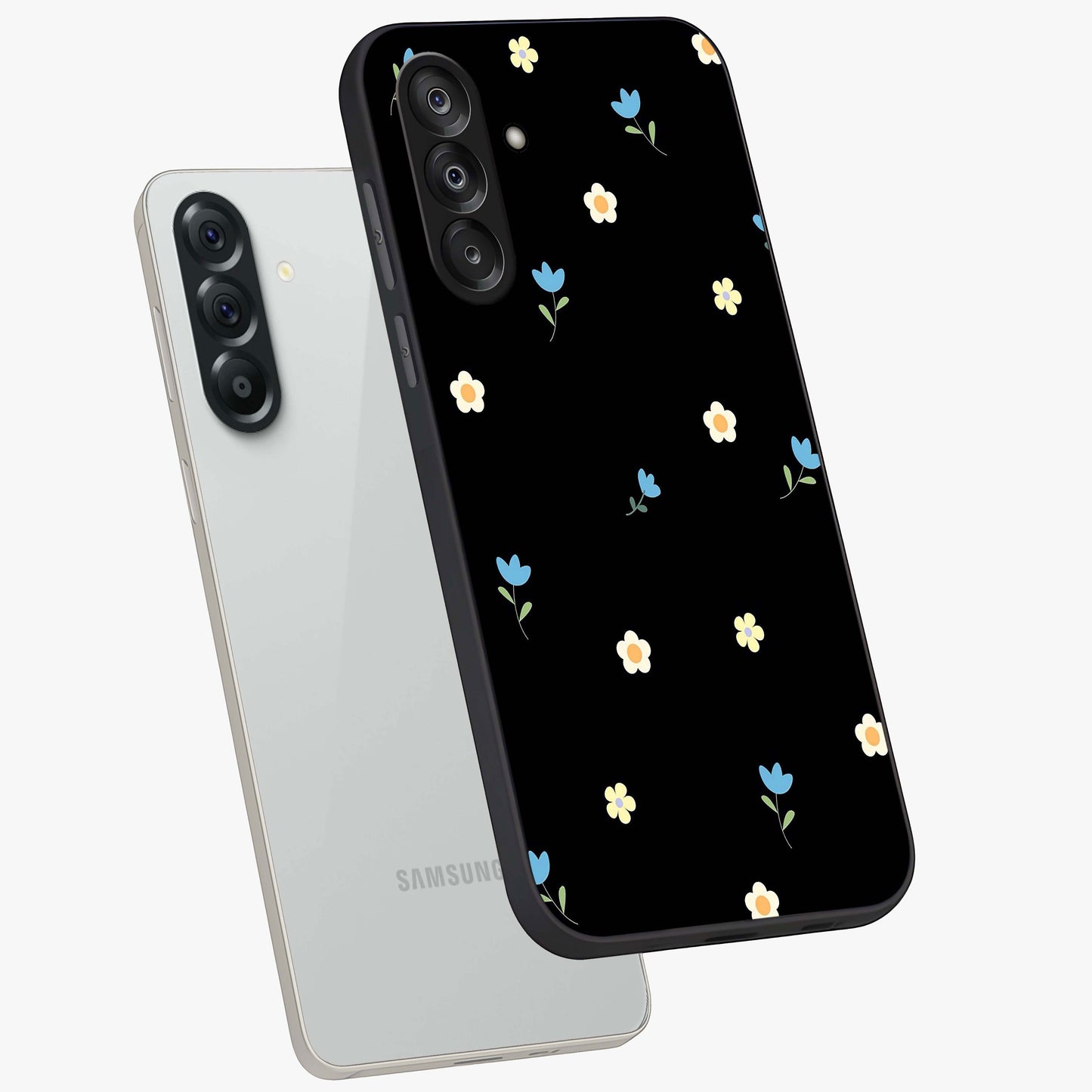 Minimal Petal Whispers Glass Case displayed in angled mockup highlighting delicate petal design with clean minimal aesthetic.
