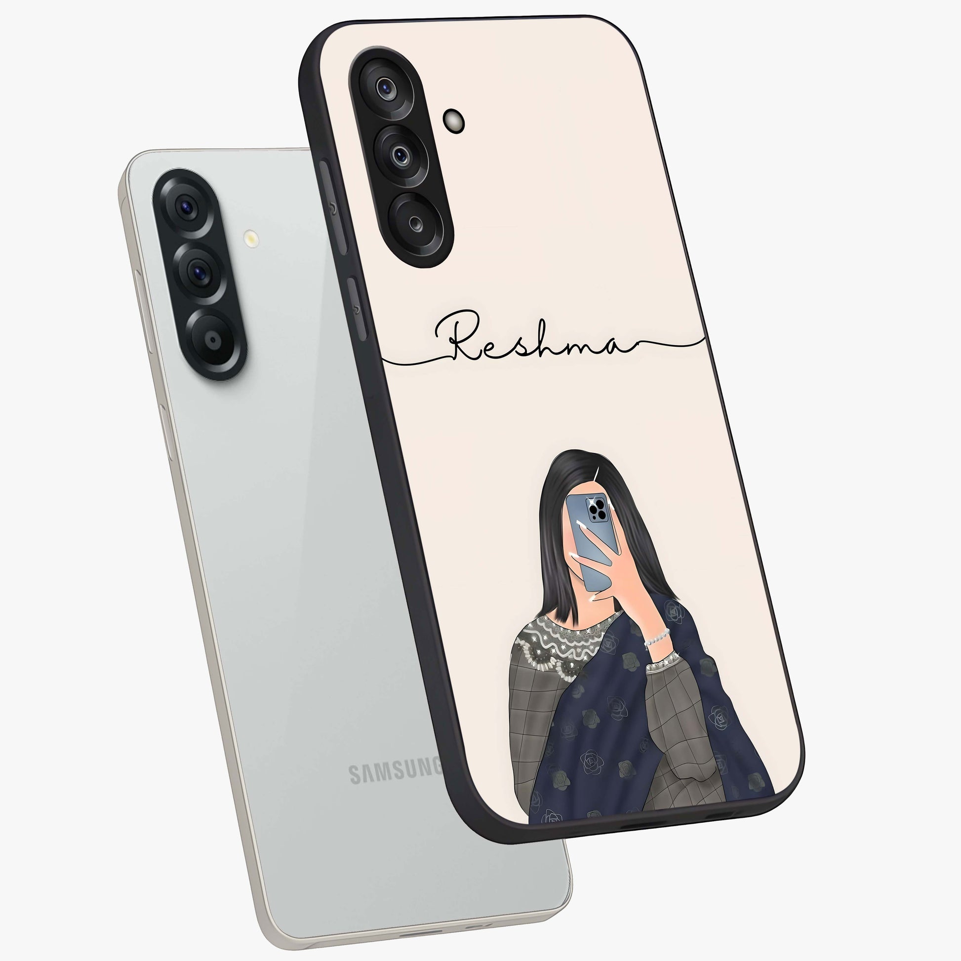 Mirror Mood Muse With Custom Name Glass Case displayed in angled mockup highlighting aesthetic mirror inspired design with custom name feature.