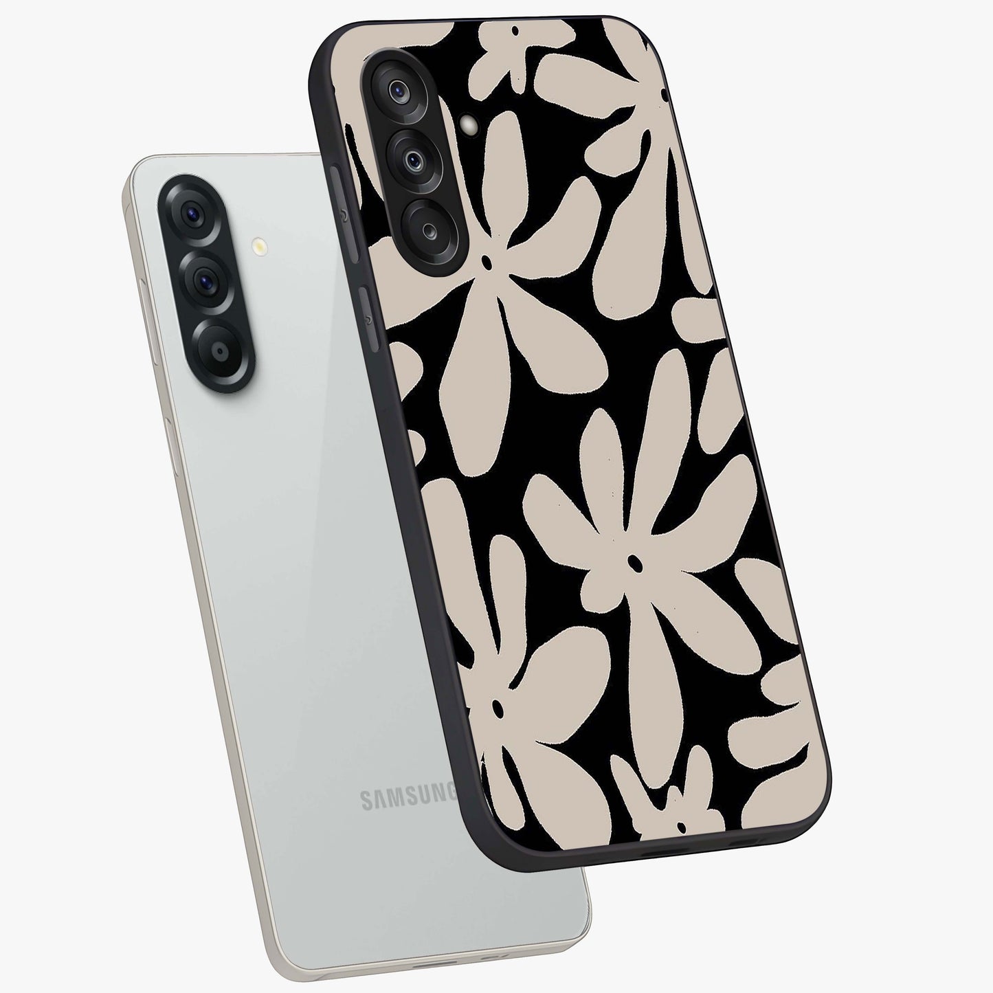Monochrome Petal Dance Glass Case displayed in angled mockup highlighting elegant petal design with black and white aesthetic.