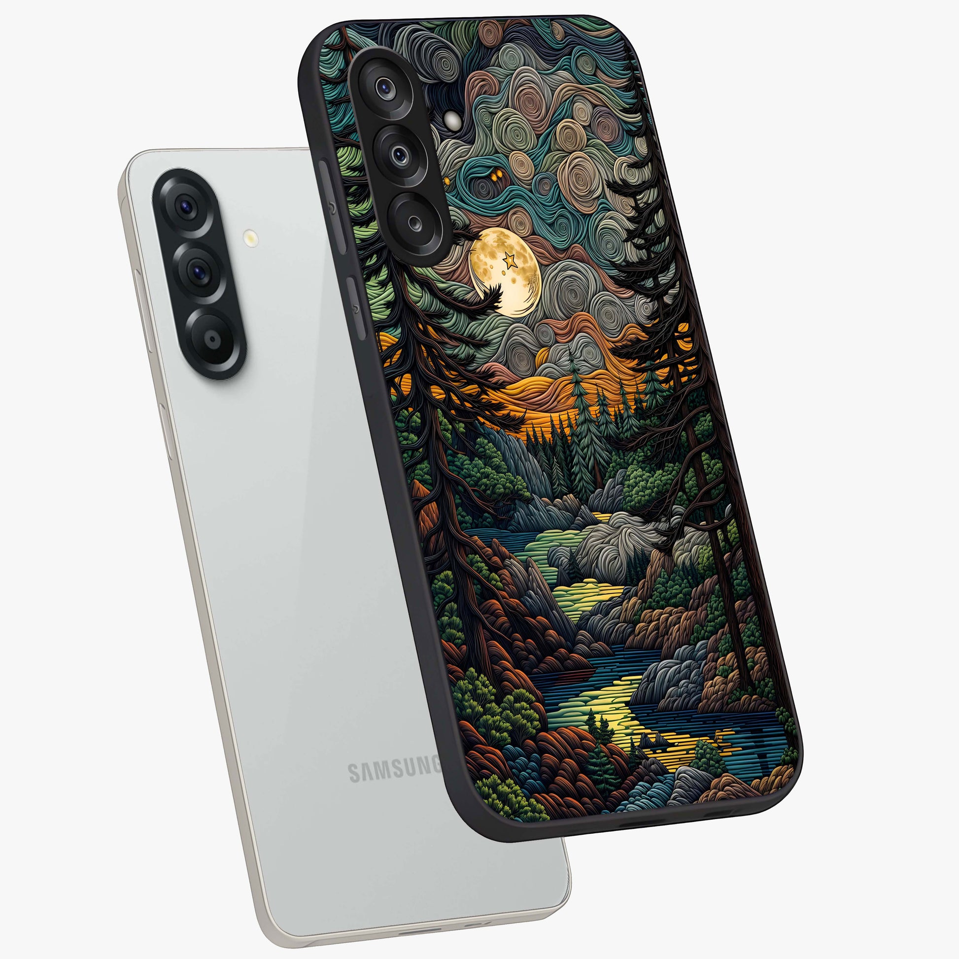 Moonlight Forest Dream Glass Case displayed in angled mockup highlighting dreamy forest design with glowing moon aesthetic.