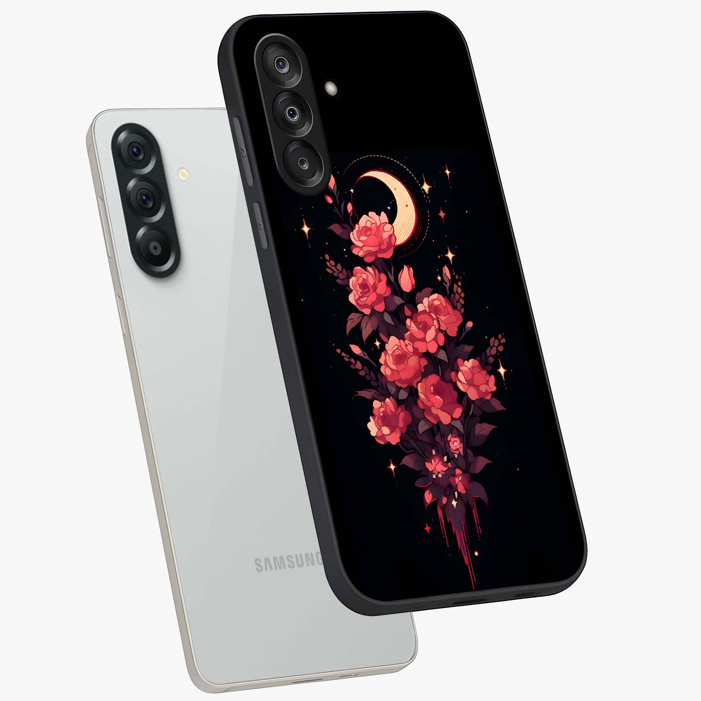 Moonlit Floral Elegance Glass Case displayed in angled mockup highlighting graceful flower design with soft moonlight aesthetic.