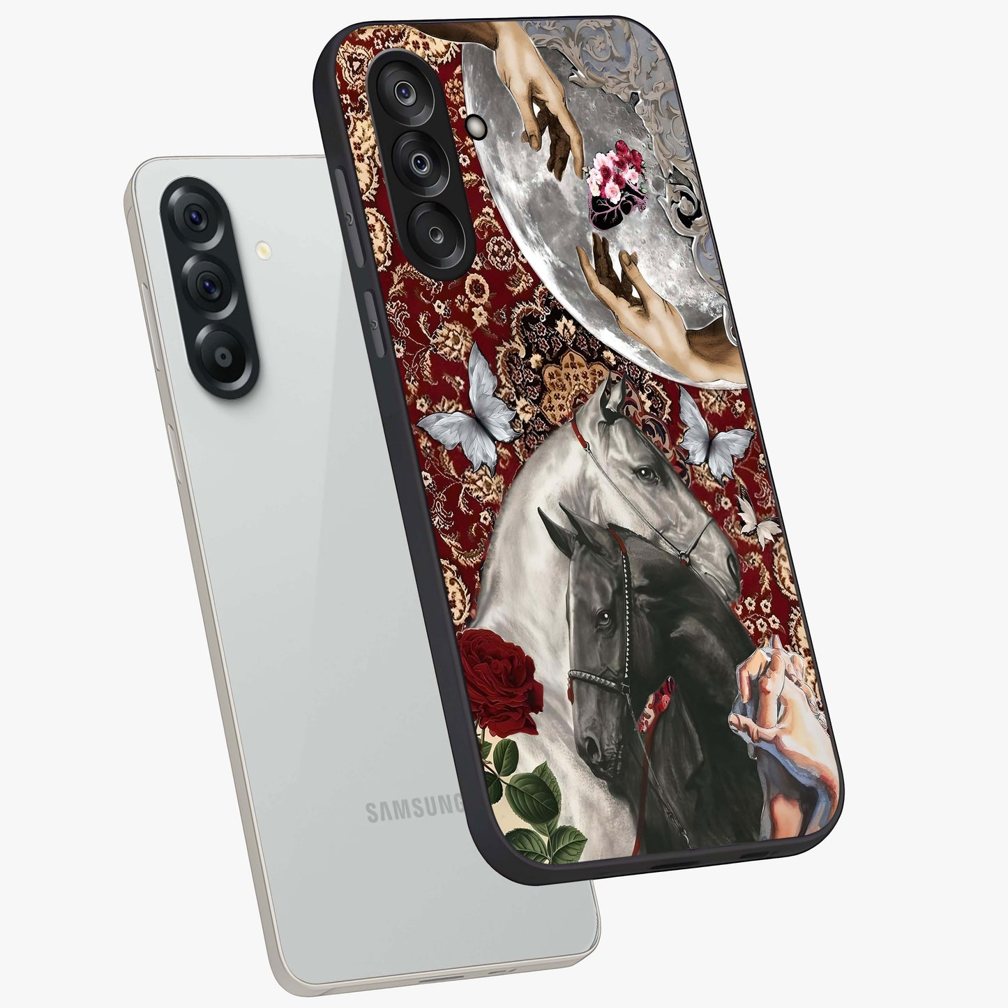 Moonlit Royal Stallion Glass Case displayed in angled mockup highlighting powerful stallion illustration with royal night aesthetic.