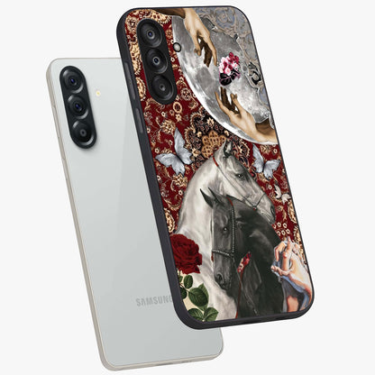 Moonlit Royal Stallion Glass Case displayed in angled mockup highlighting powerful stallion illustration with royal night aesthetic.
