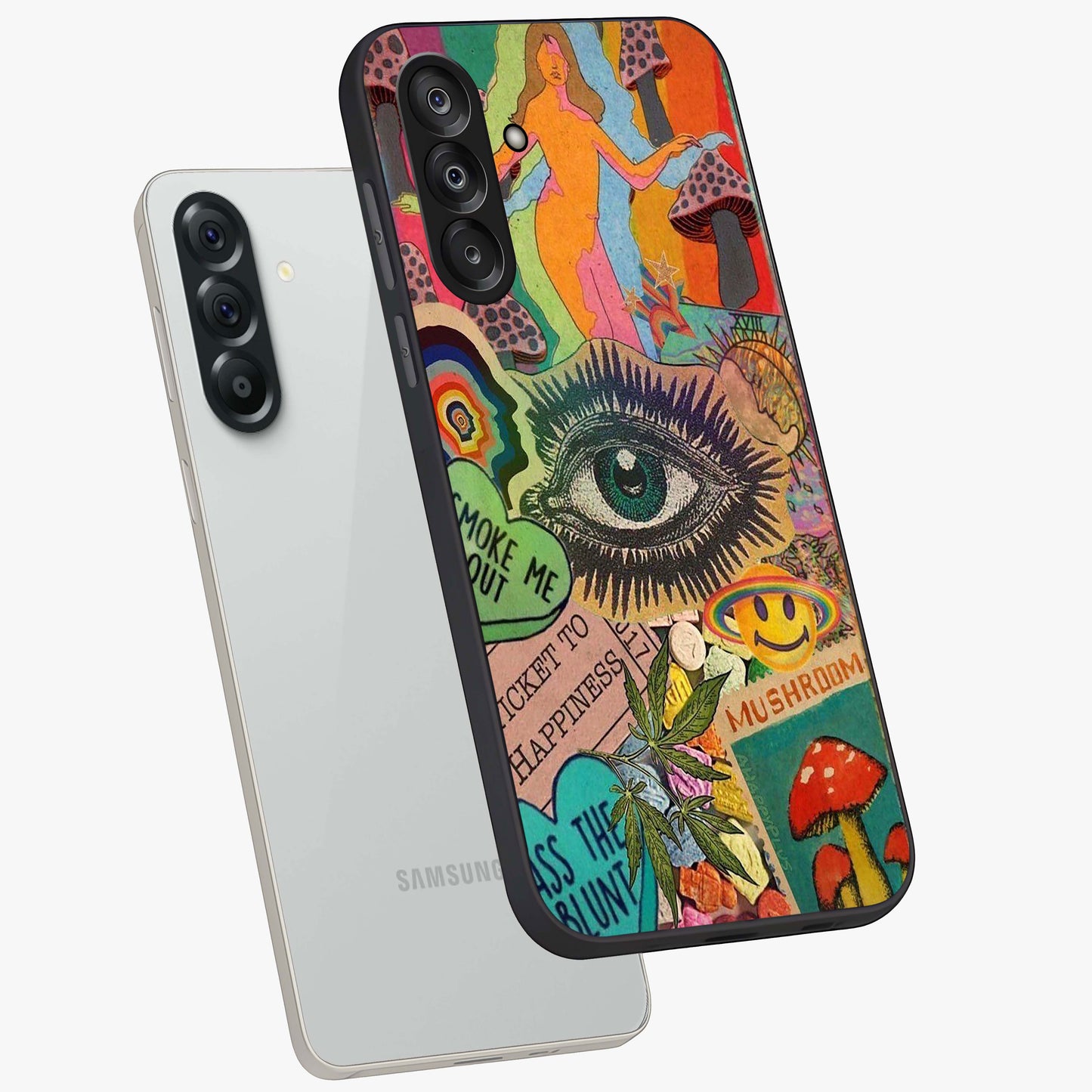 Mystic Eye Wonderland Glass Case displayed in angled mockup highlighting magical eye illustration with dreamy aesthetic.