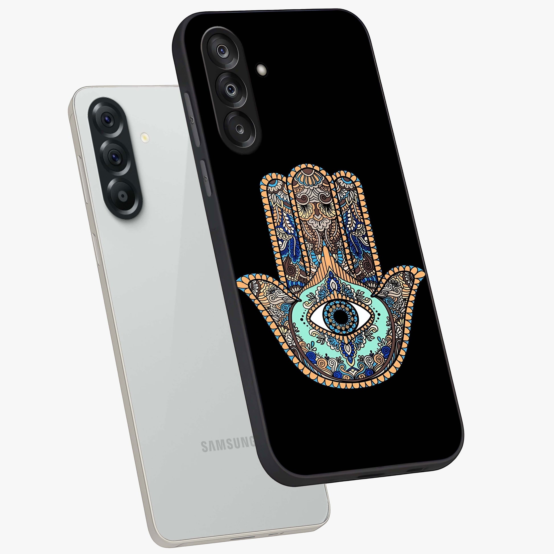 Mystic Hamsa Eye Glass Case displayed in angled mockup highlighting spiritual hamsa symbol with mystical aesthetic style.