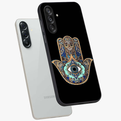 Mystic Hamsa Eye Glass Case displayed in angled mockup highlighting spiritual hamsa symbol with mystical aesthetic style.
