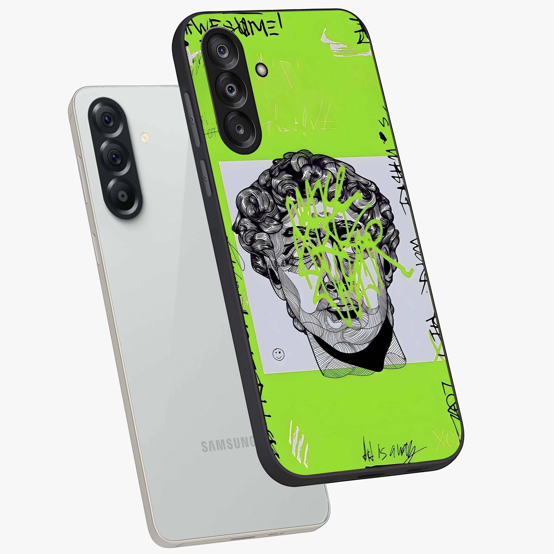 Neo Graffiti Rebellion Glass Case displayed in angled mockup highlighting urban street art design with rebellious aesthetic.