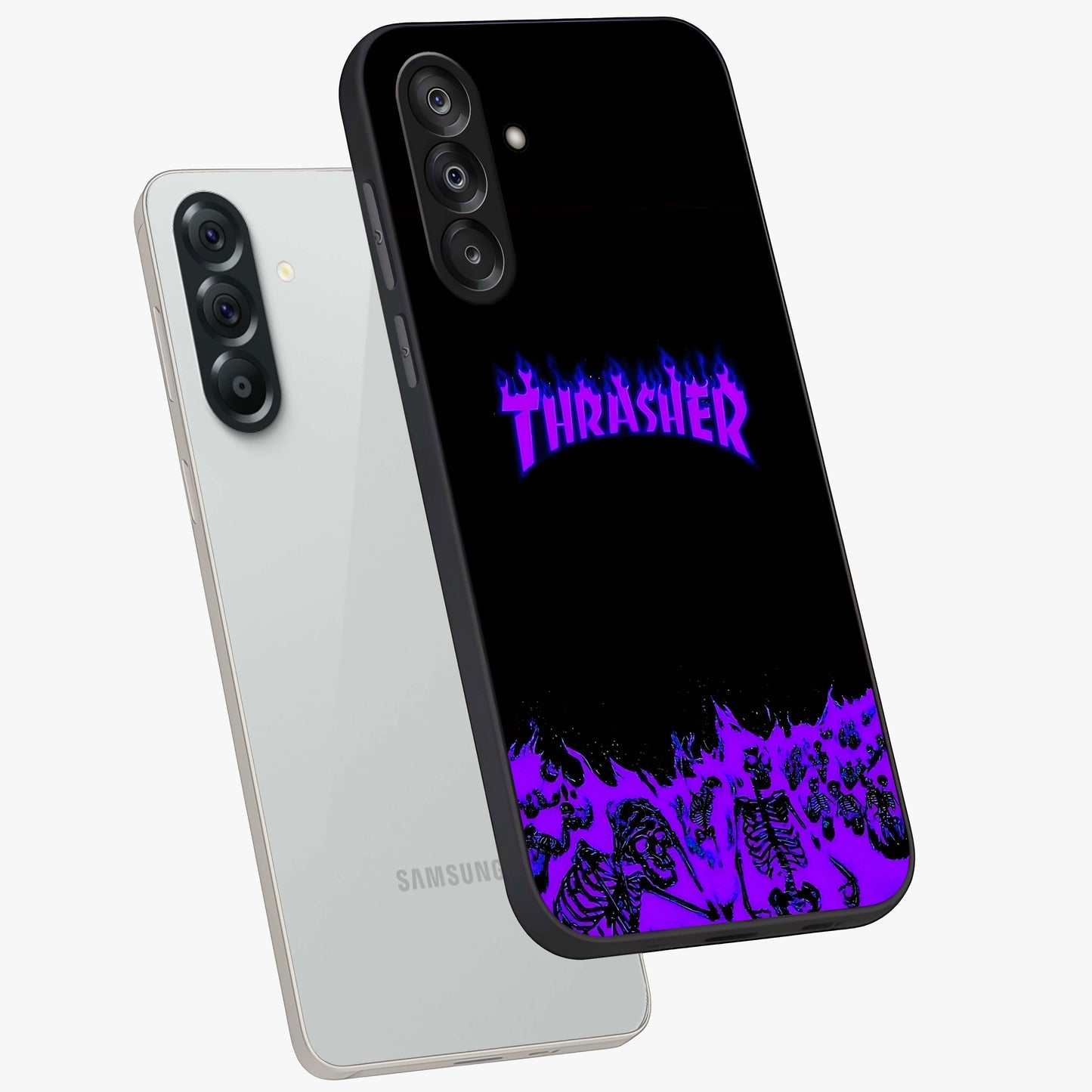 Neon Flame Riot Glass Case displayed in angled mockup highlighting glowing flame design with vibrant neon aesthetic.