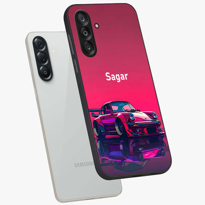 Neon Pink Porsche Glass Case displayed in angled mockup highlighting sleek neon pink car design with racing aesthetic.