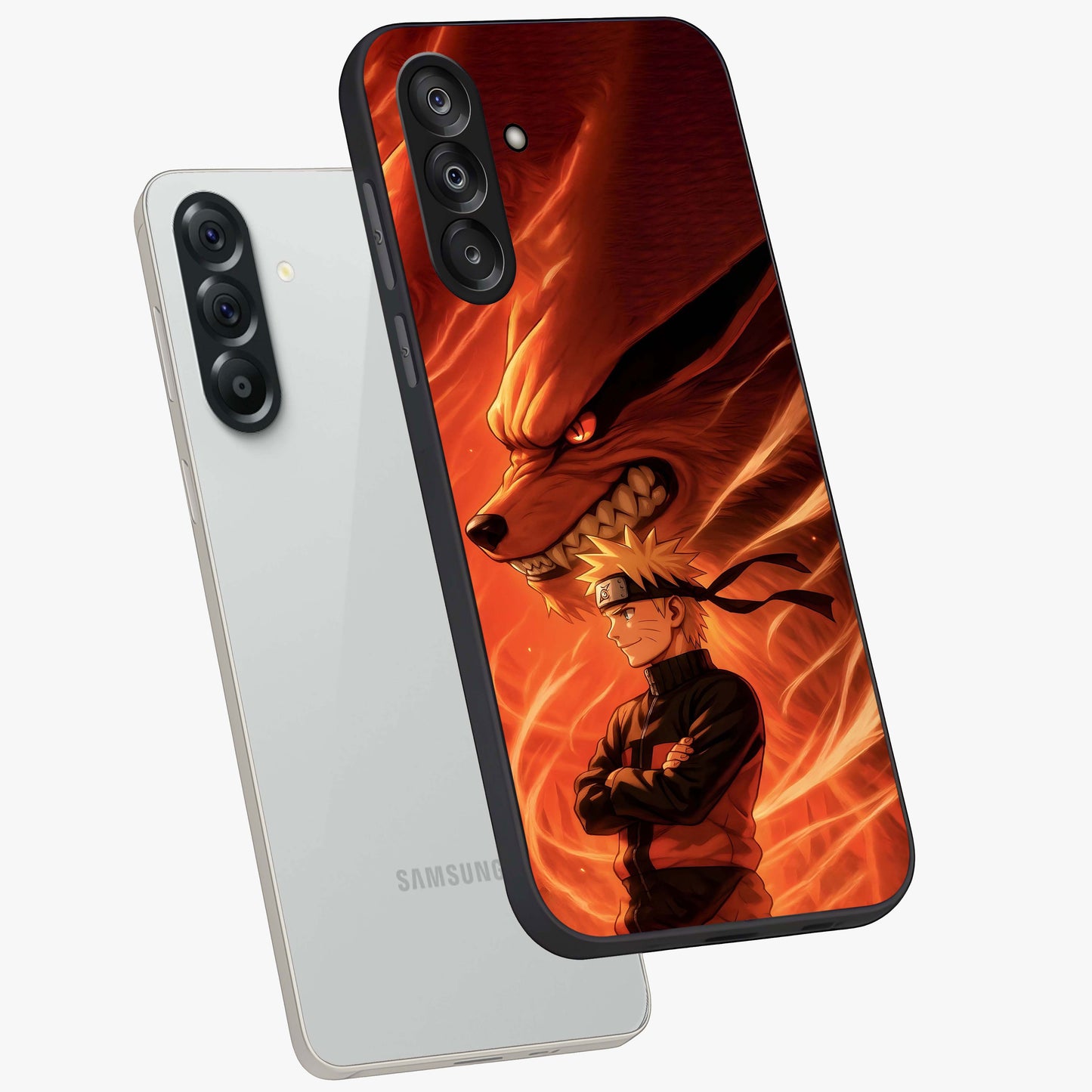 Nine Tails Legacy Glass Case displayed in angled mockup highlighting dynamic anime beast illustration with bold mystical aesthetic.