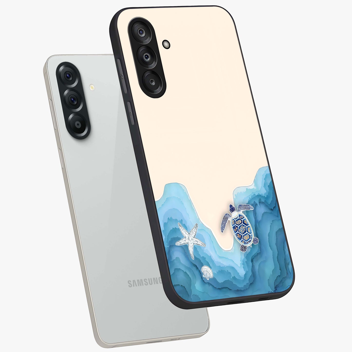 Ocean Drift Turtle Glass Case displayed in angled mockup highlighting peaceful ocean turtle illustration with marine aesthetic.