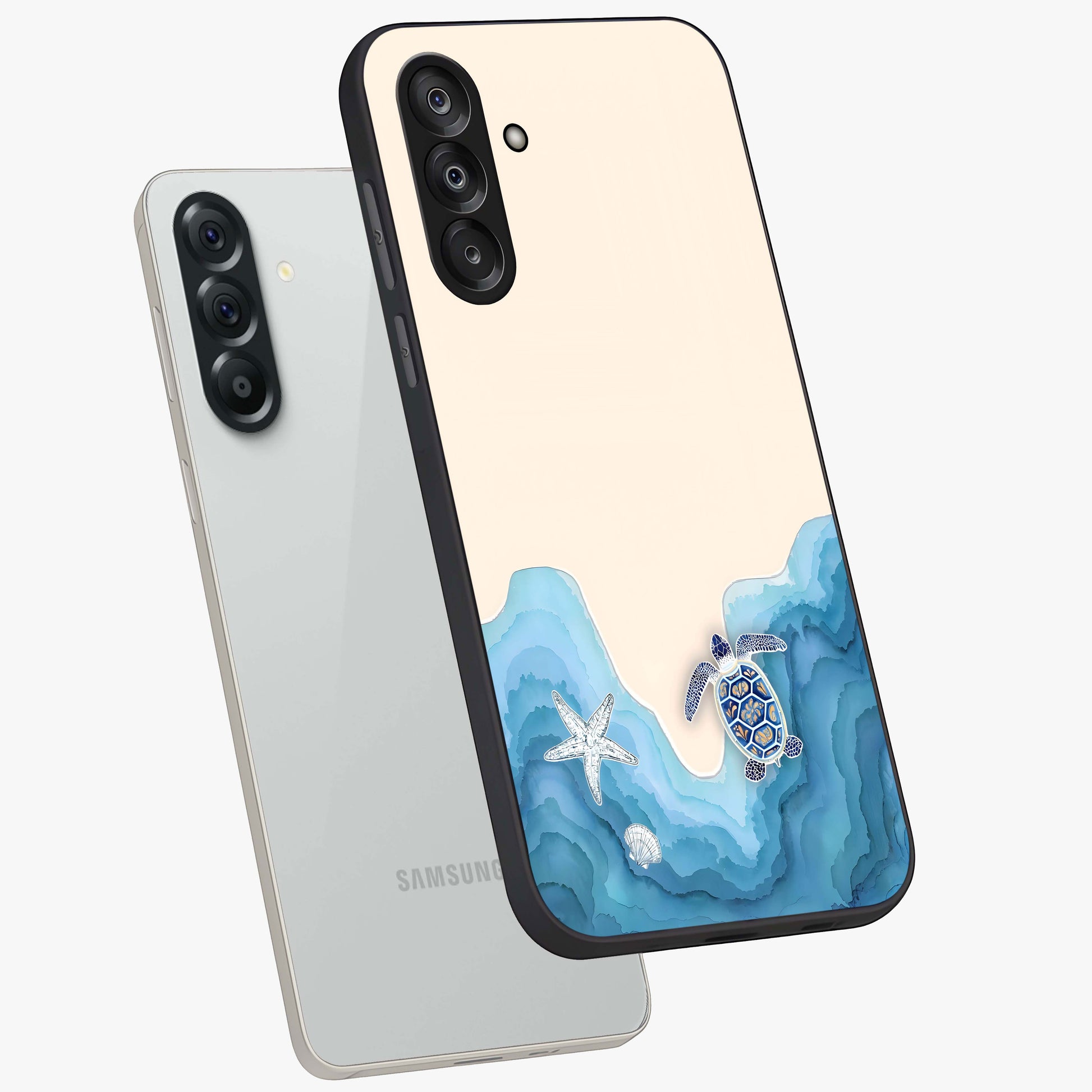 Ocean Drift Turtle Glass Case displayed in angled mockup highlighting peaceful ocean turtle illustration with marine aesthetic.