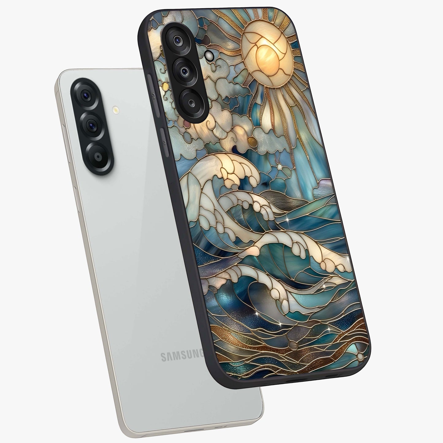 Oceanic Stained Printed Glass Case displayed in angled mockup highlighting colorful aquatic design with artistic aesthetic style.