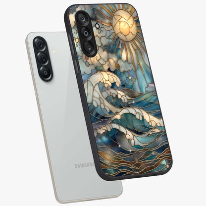 Oceanic Stained Printed Glass Case displayed in angled mockup highlighting colorful aquatic design with artistic aesthetic style.