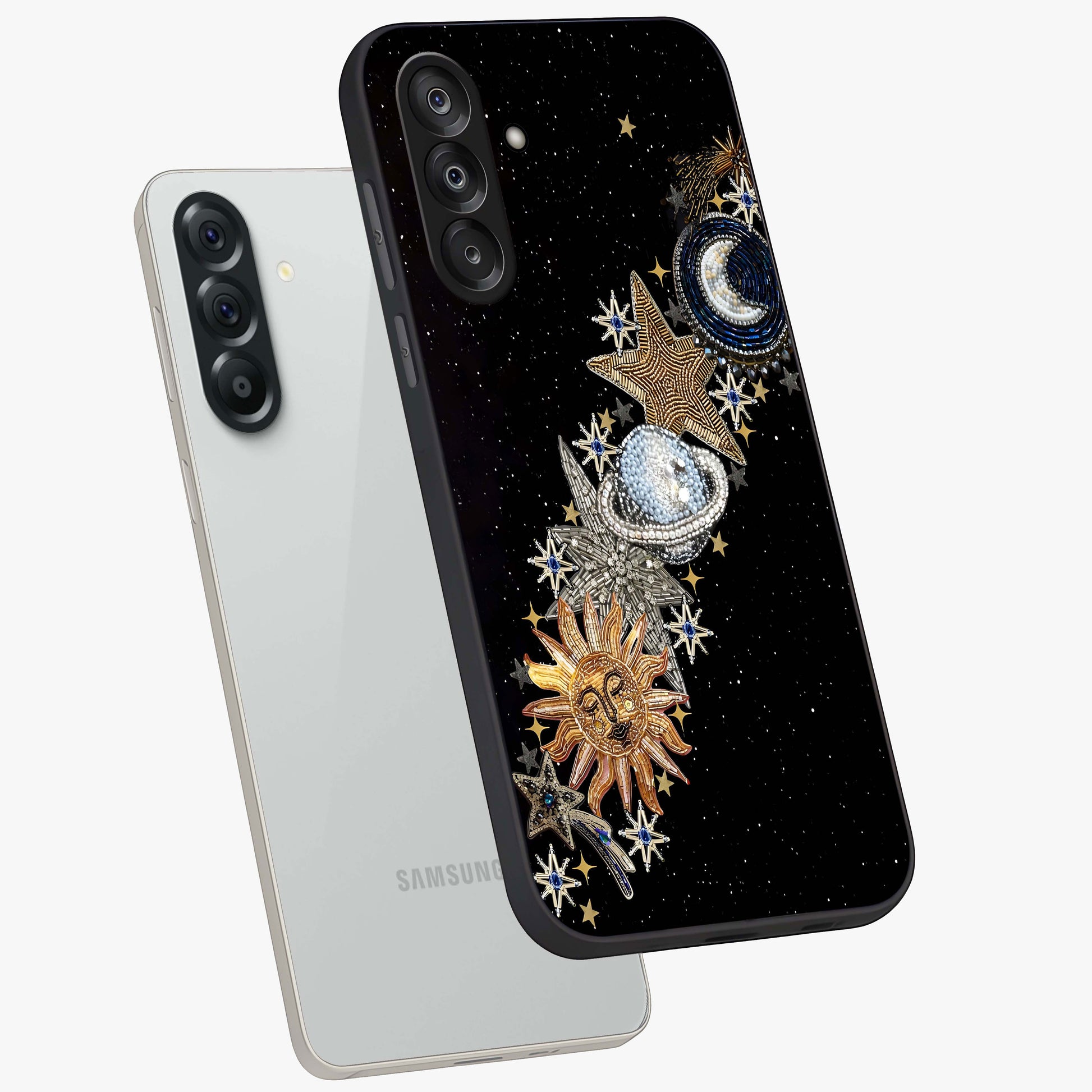 Pearls Universe Object Glass Case displayed in angled mockup highlighting celestial pearl design with dreamy aesthetic.