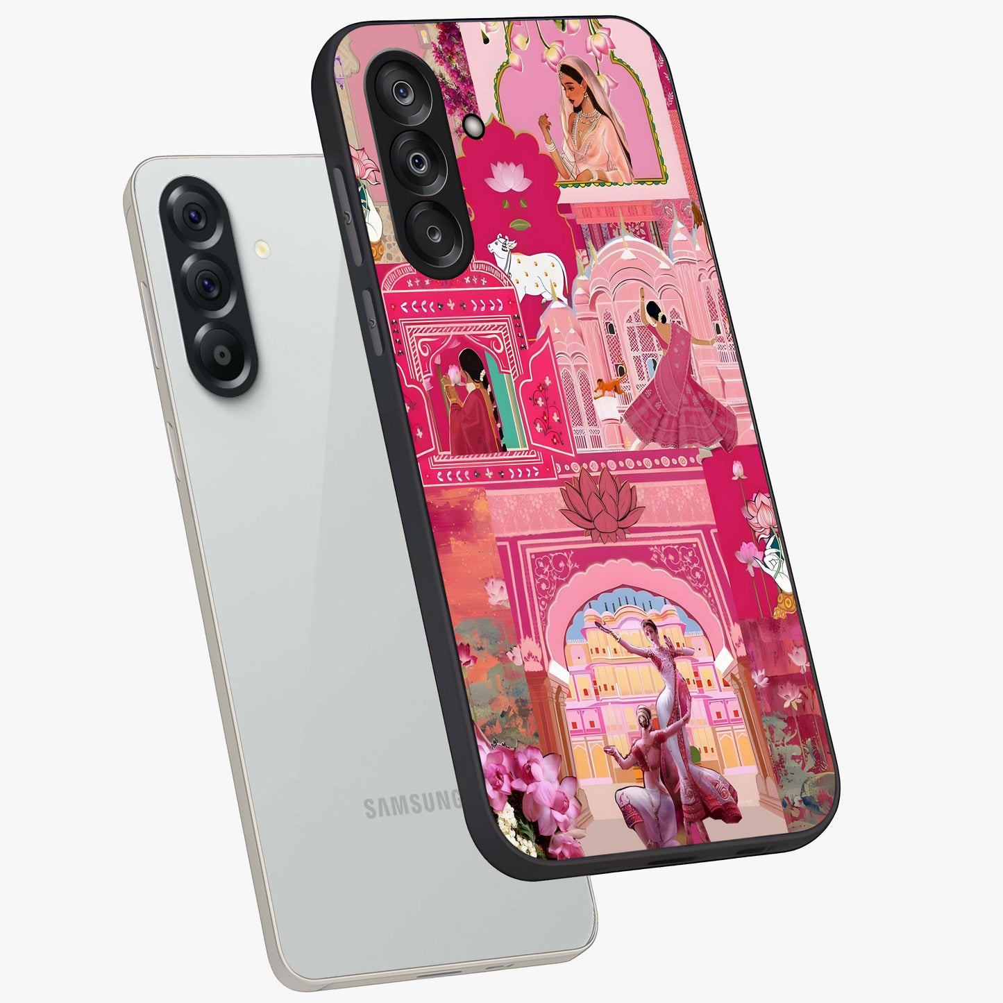 Pink Palace Muse Glass Case displayed in angled mockup highlighting dreamy palace illustration with soft pink aesthetic.
