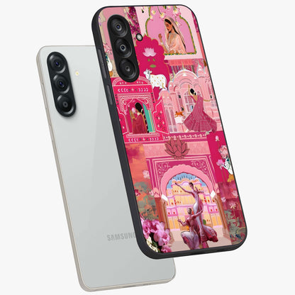 Pink Palace Muse Glass Case displayed in angled mockup highlighting dreamy palace illustration with soft pink aesthetic.