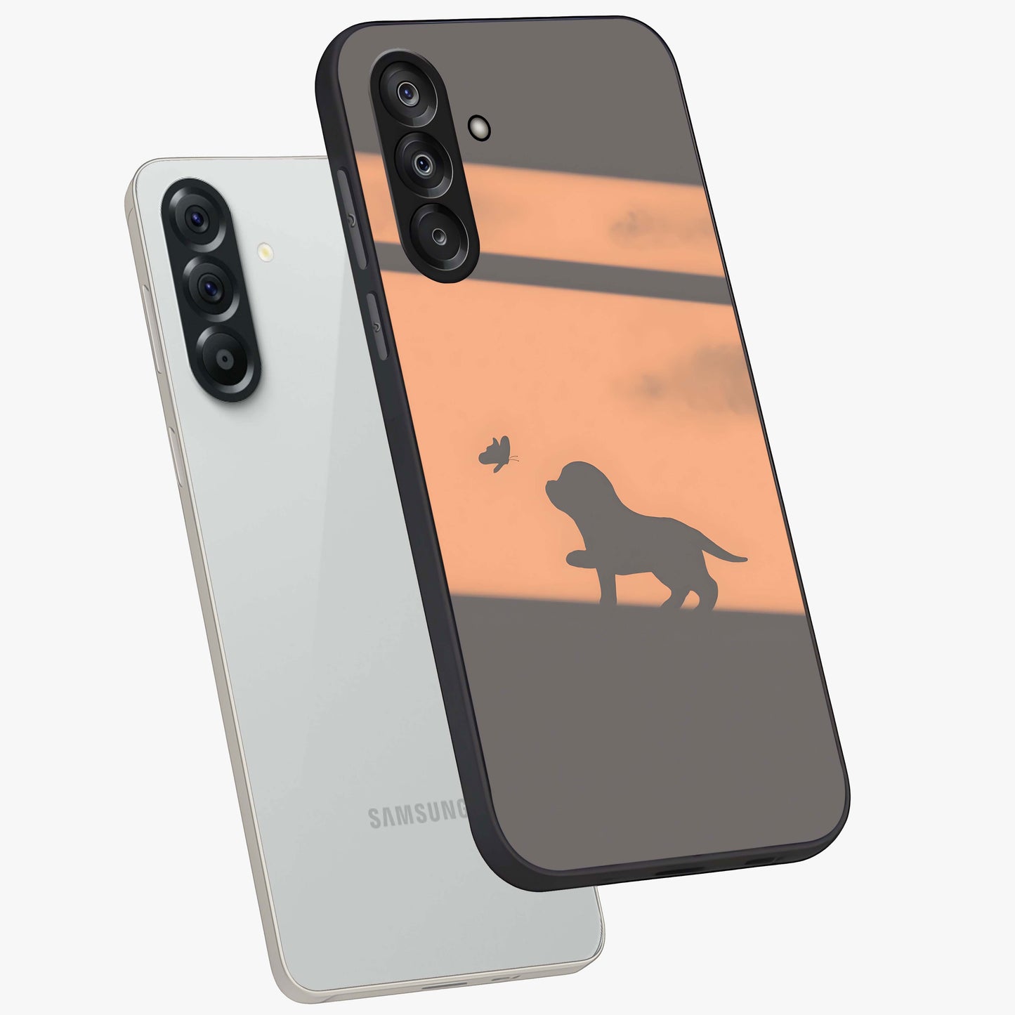 Puppy Shadow Art Glass Case displayed in angled mockup highlighting playful dog illustration with artistic shadow aesthetic.