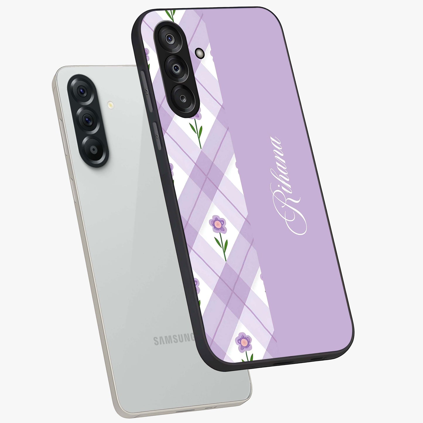 Purple Diamond Floral Glass Case displayed in angled mockup highlighting elegant purple flower design with decorative pattern.
