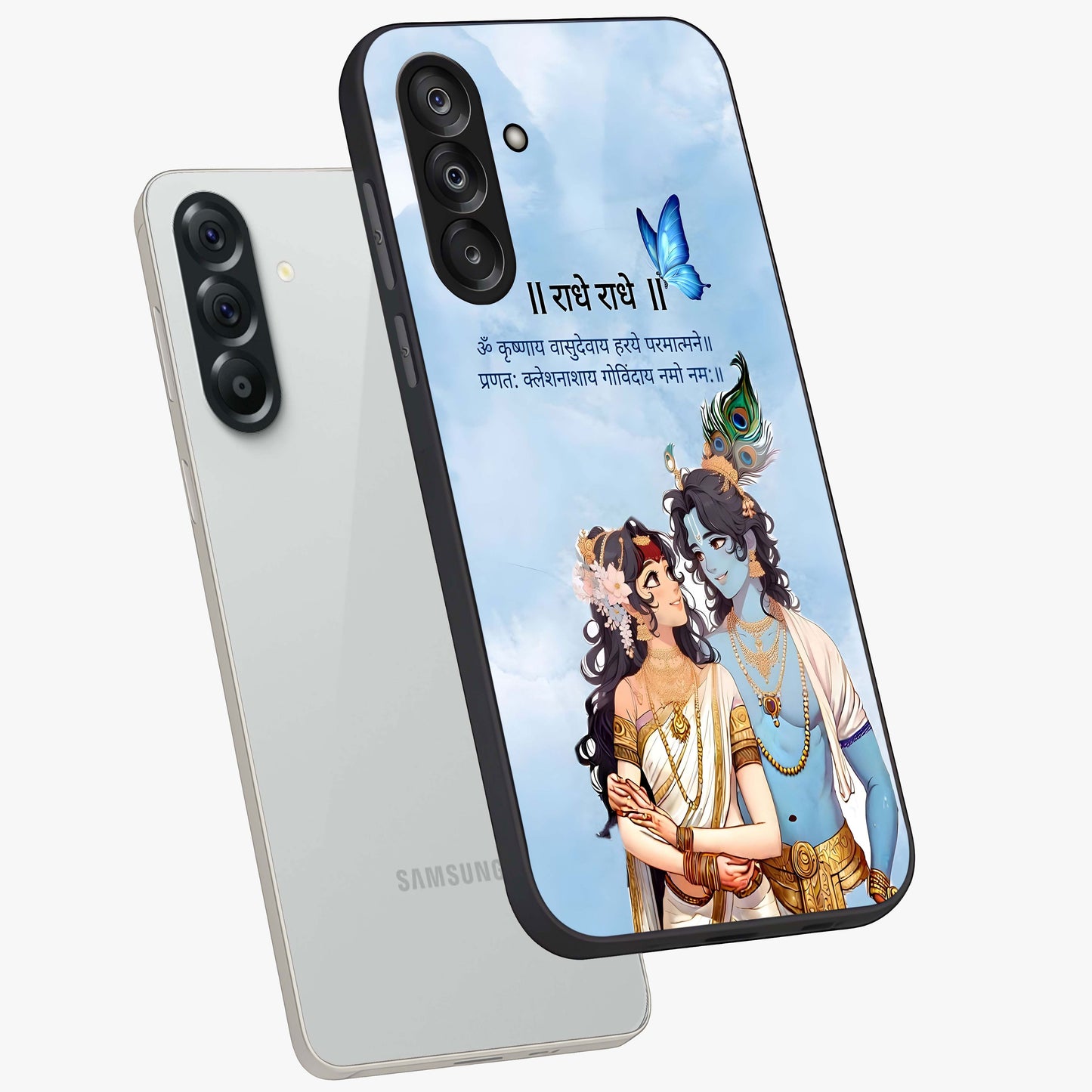 Radha Krishna Eternal Glass Case displayed in angled mockup highlighting divine Radha Krishna illustration with spiritual aesthetic.