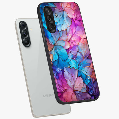 Radiant Floral Whirl Glass Case displayed in angled mockup highlighting vibrant flower pattern with dynamic artistic aesthetic.