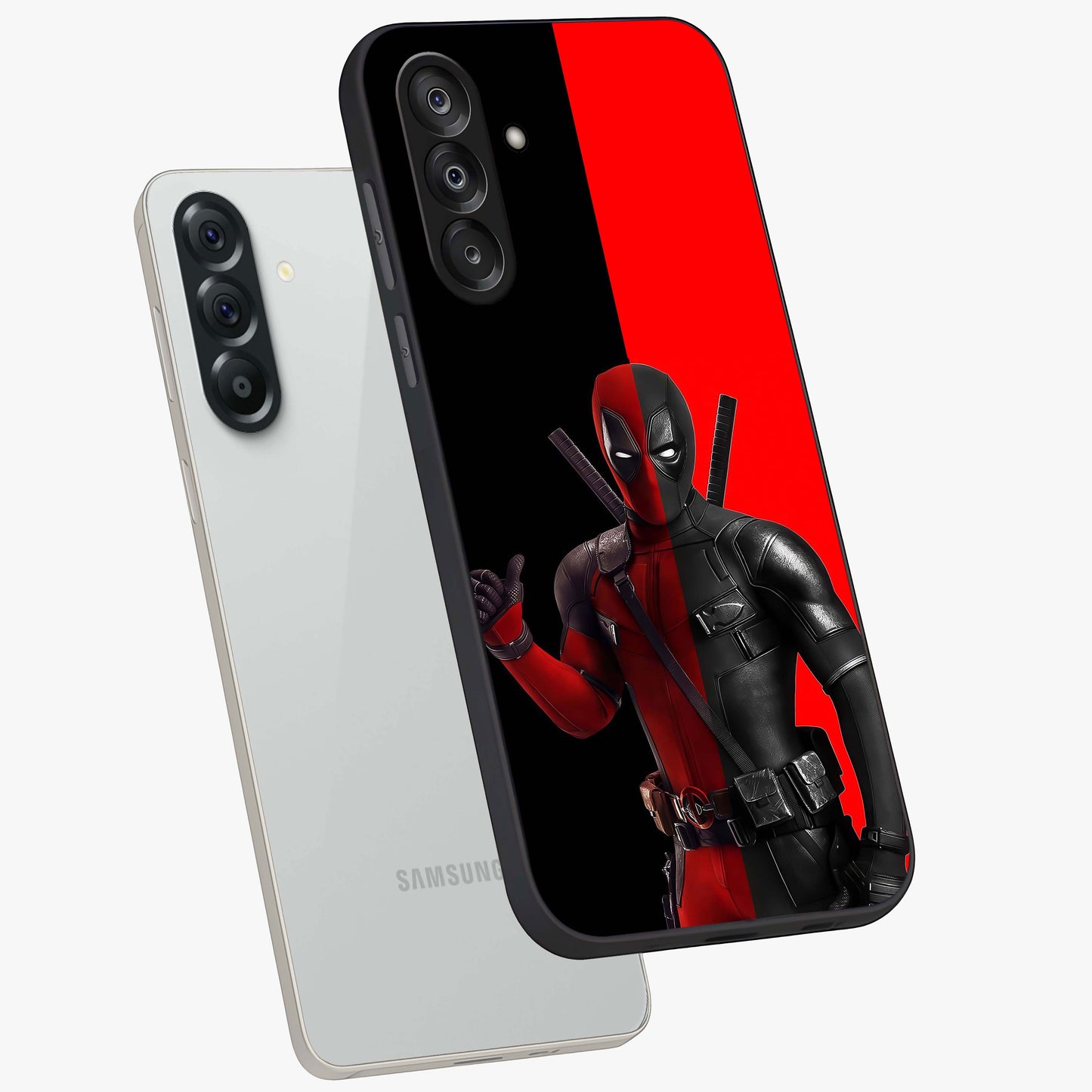 Red & Black Deadpool Theme Glass Case displayed in angled mockup highlighting vibrant superhero style illustration with action aesthetic.