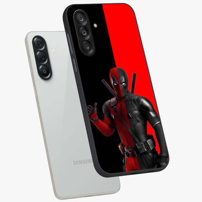 Red & Black Deadpool Theme Glass Case displayed in angled mockup highlighting vibrant superhero style illustration with action aesthetic.