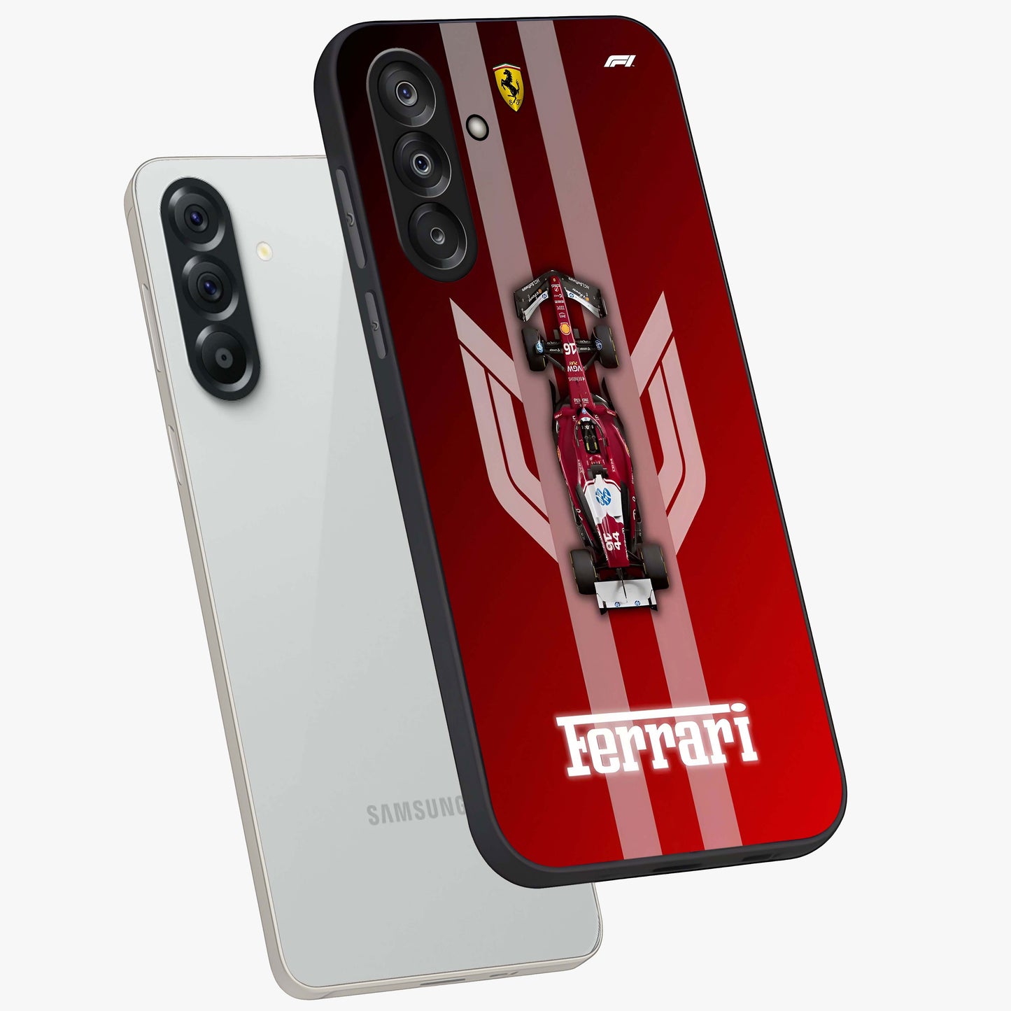 Red Ferrari F1 Vertical Glass Case displayed in angled mockup highlighting high speed racing design with bold automotive aesthetic.