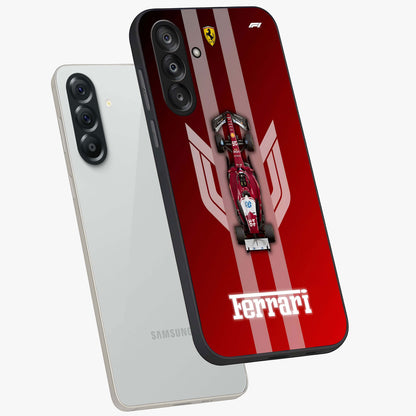 Red Ferrari F1 Vertical Glass Case displayed in angled mockup highlighting high speed racing design with bold automotive aesthetic.