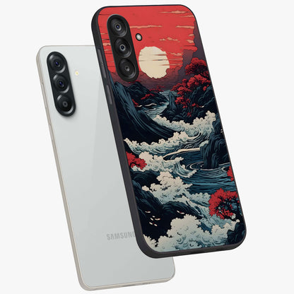 Red Sunset Scenery Glass Case displayed in angled mockup highlighting glowing sunset sky design with scenic aesthetic.