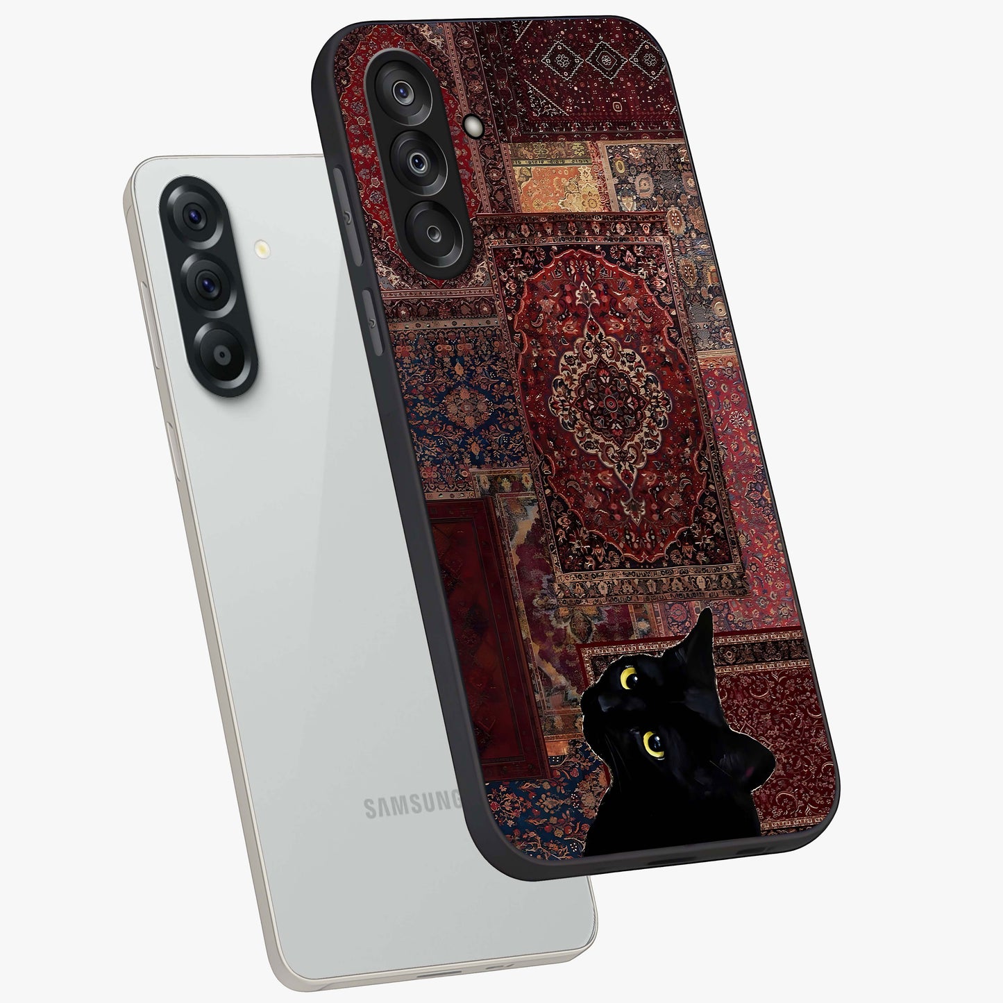 Regal Magic Cat Apple Glass Case displayed in angled mockup highlighting whimsical feline design with fantasy aesthetic.