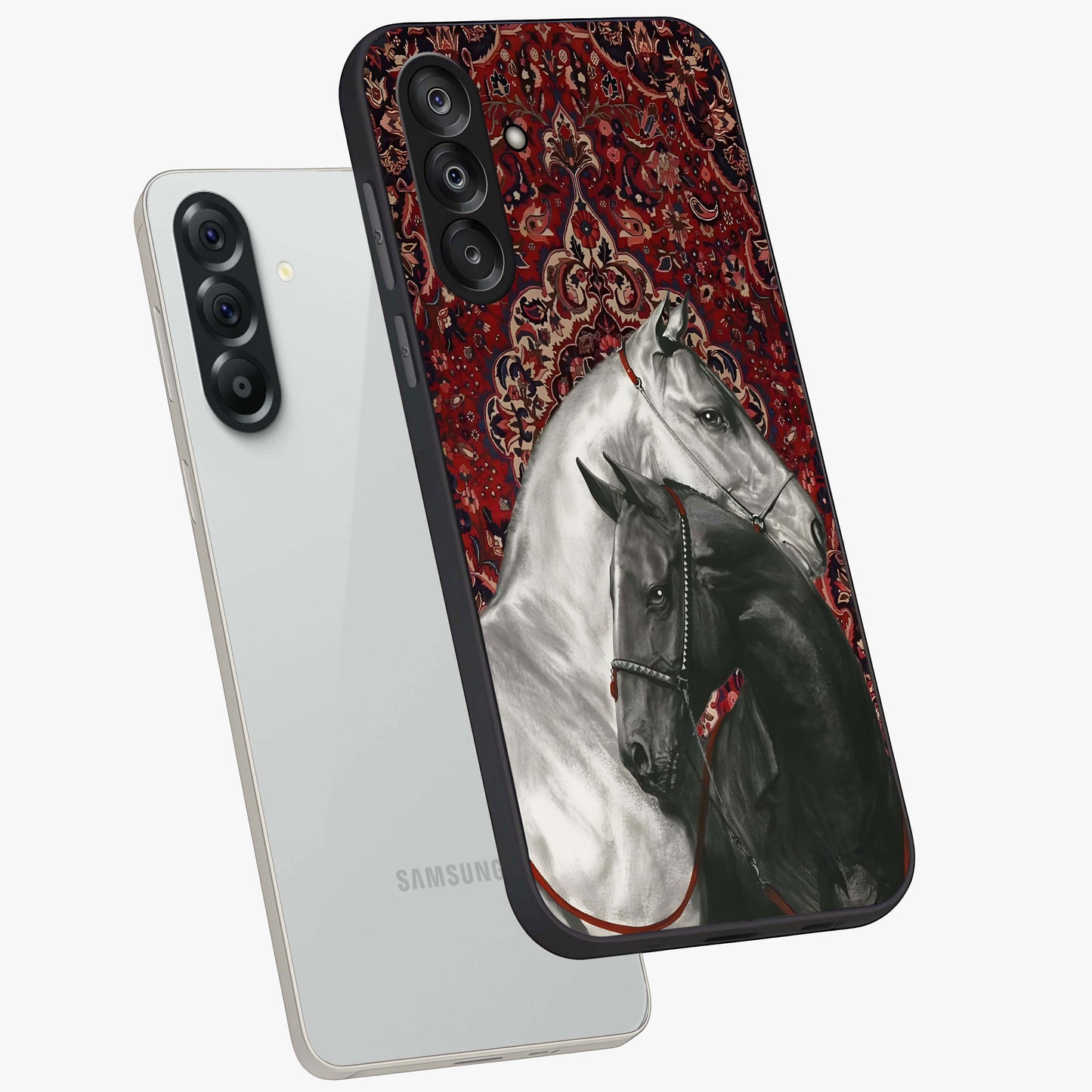 Regal Stallion Tapestry Glass Case displayed in angled mockup highlighting royal stallion design with decorative heritage aesthetic.