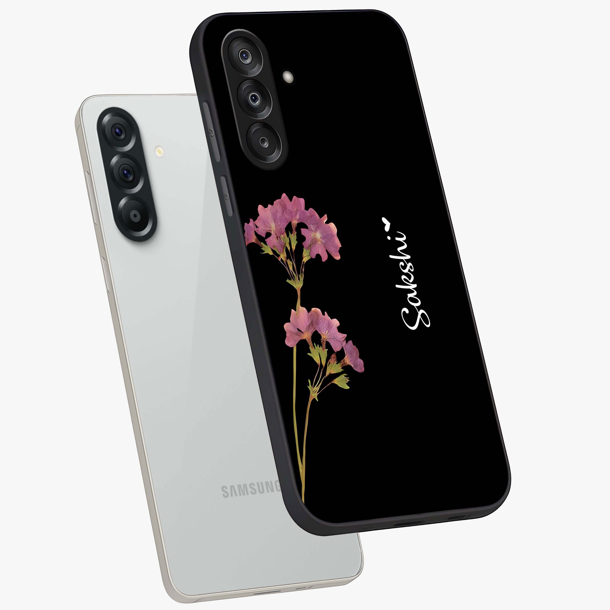 Riching Lavender Flower Custom Name Glass Case displayed in angled mockup highlighting delicate lavender flower design with custom name feature.