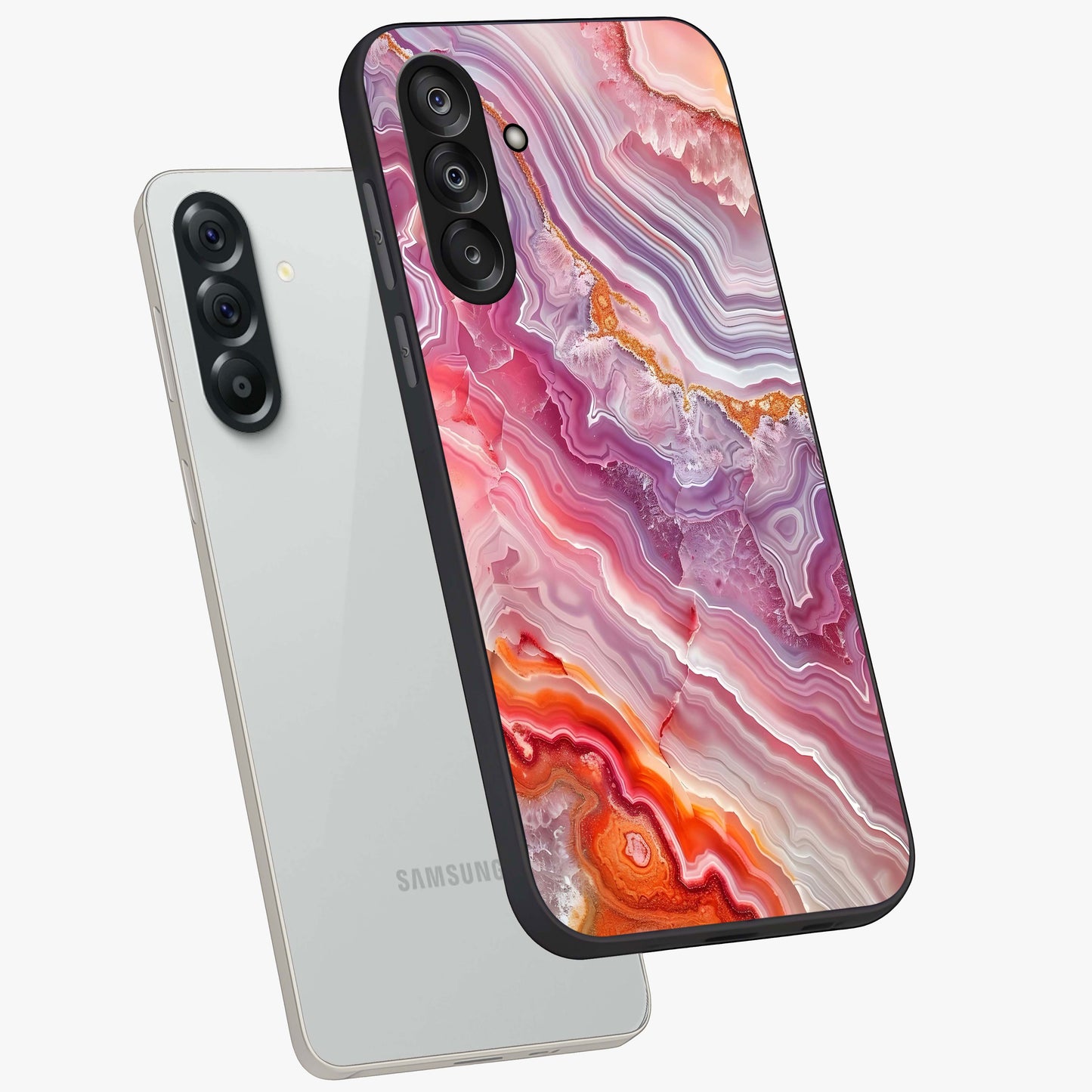 Rose Quartz Marble Glass Case displayed in angled mockup highlighting elegant marble pattern with soft aesthetic style.