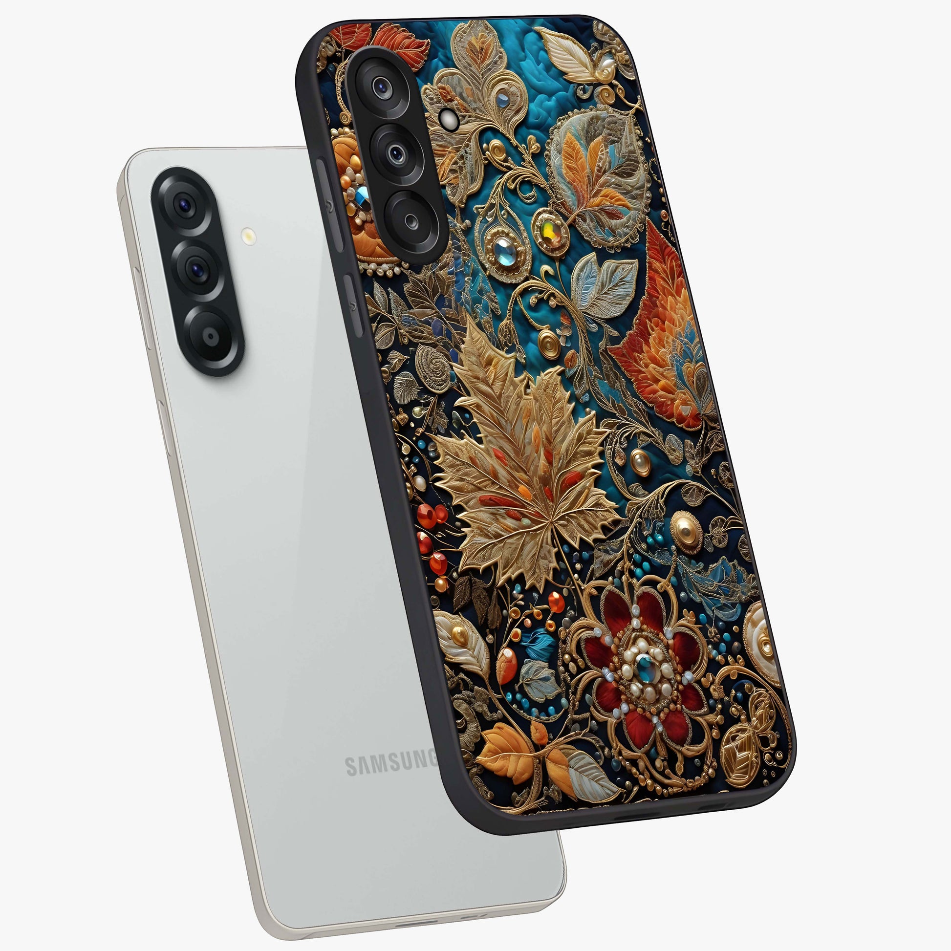 Royal Jewel Garden Glass Case displayed in angled mockup highlighting vibrant jewel inspired floral design with elegant aesthetic.