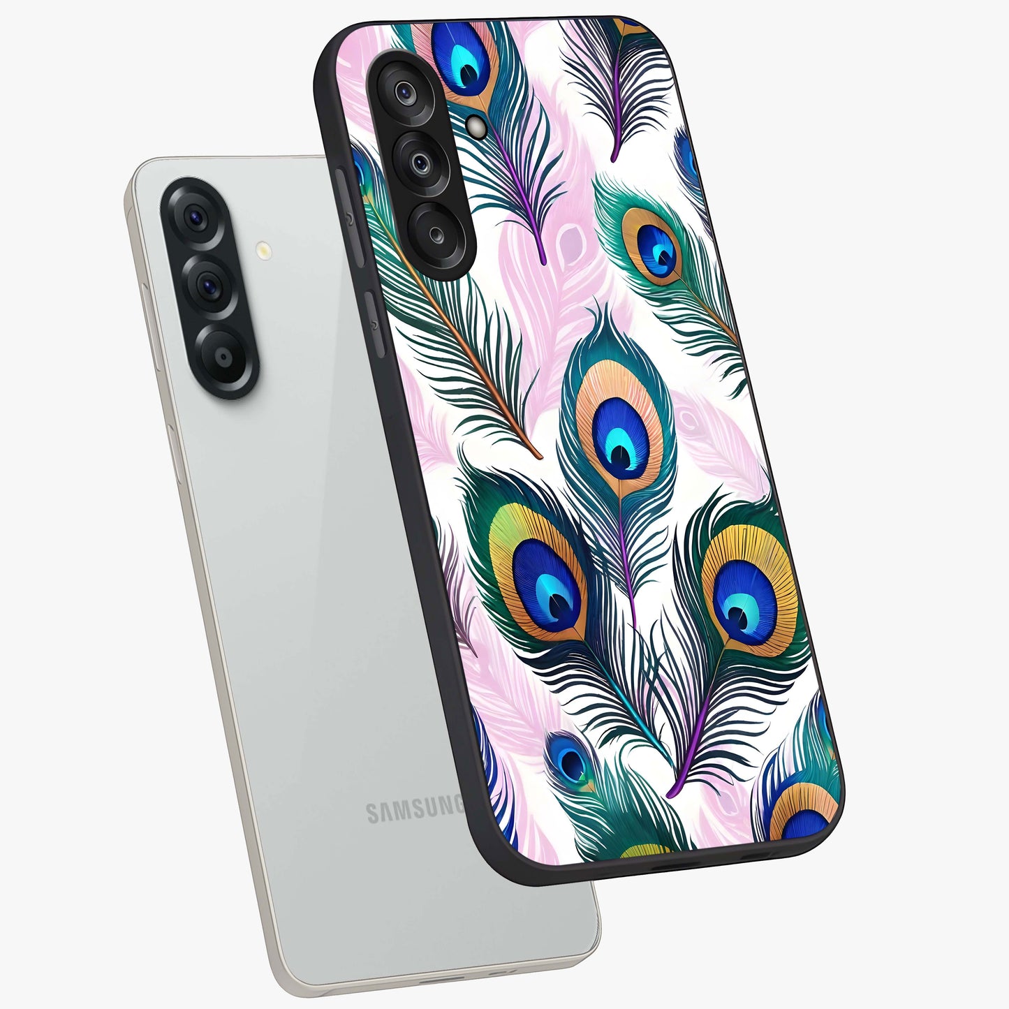 Royal Peacock Feathers Glass Case displayed in angled mockup highlighting vibrant feather pattern with regal aesthetic style.